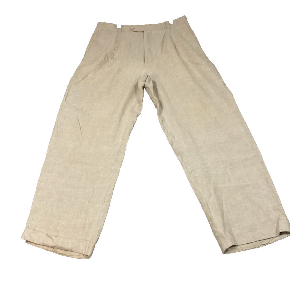 Inserch 100% Linen Pants Men's 32W Made in USA Pleated Cuffed Cream Preppy